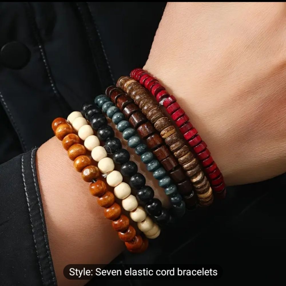 Men's beaded bracelets set 7pc black brown white new e65